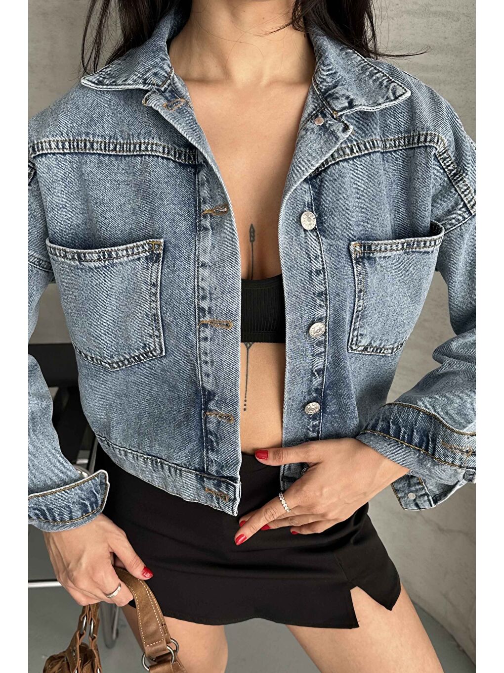 Çift Cepli Demin Crop Ceket Mavi - 27271-3