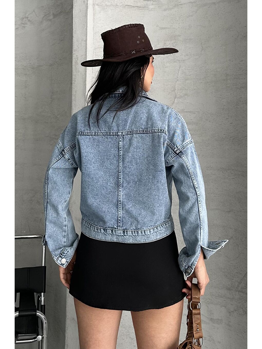 Çift Cepli Demin Crop Ceket Mavi - 27271-4