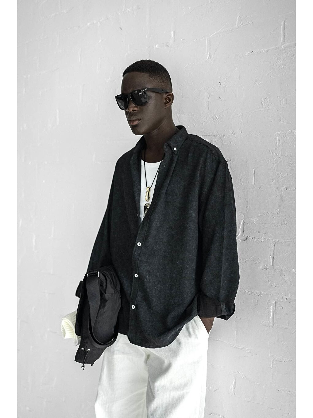 Erkek Uzun Kollu Desenli Oversize Gömlek Siyah-5