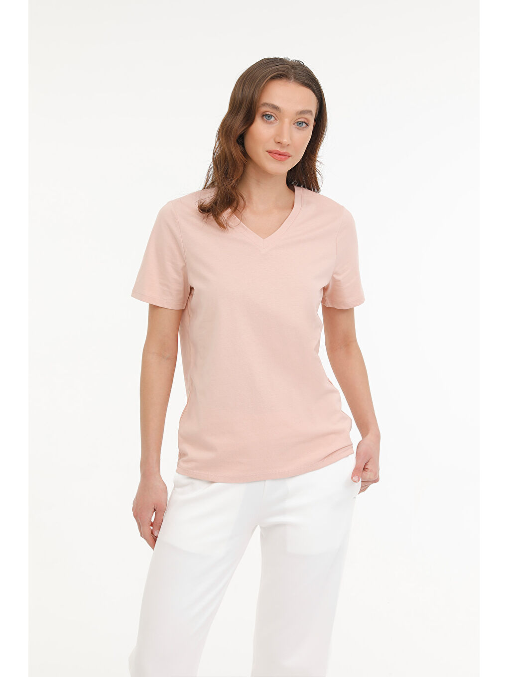 WB V NECK 11SN227 4FX Pembe Kadın Kısa Kol T-Shirt