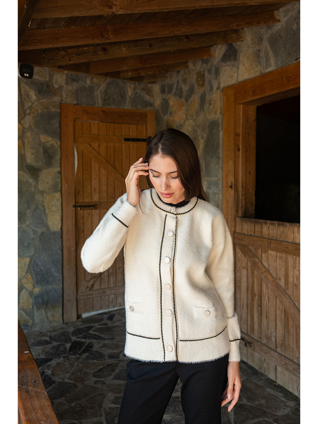 Kadın Bisiklet Yaka Triko Ceket Bej-3