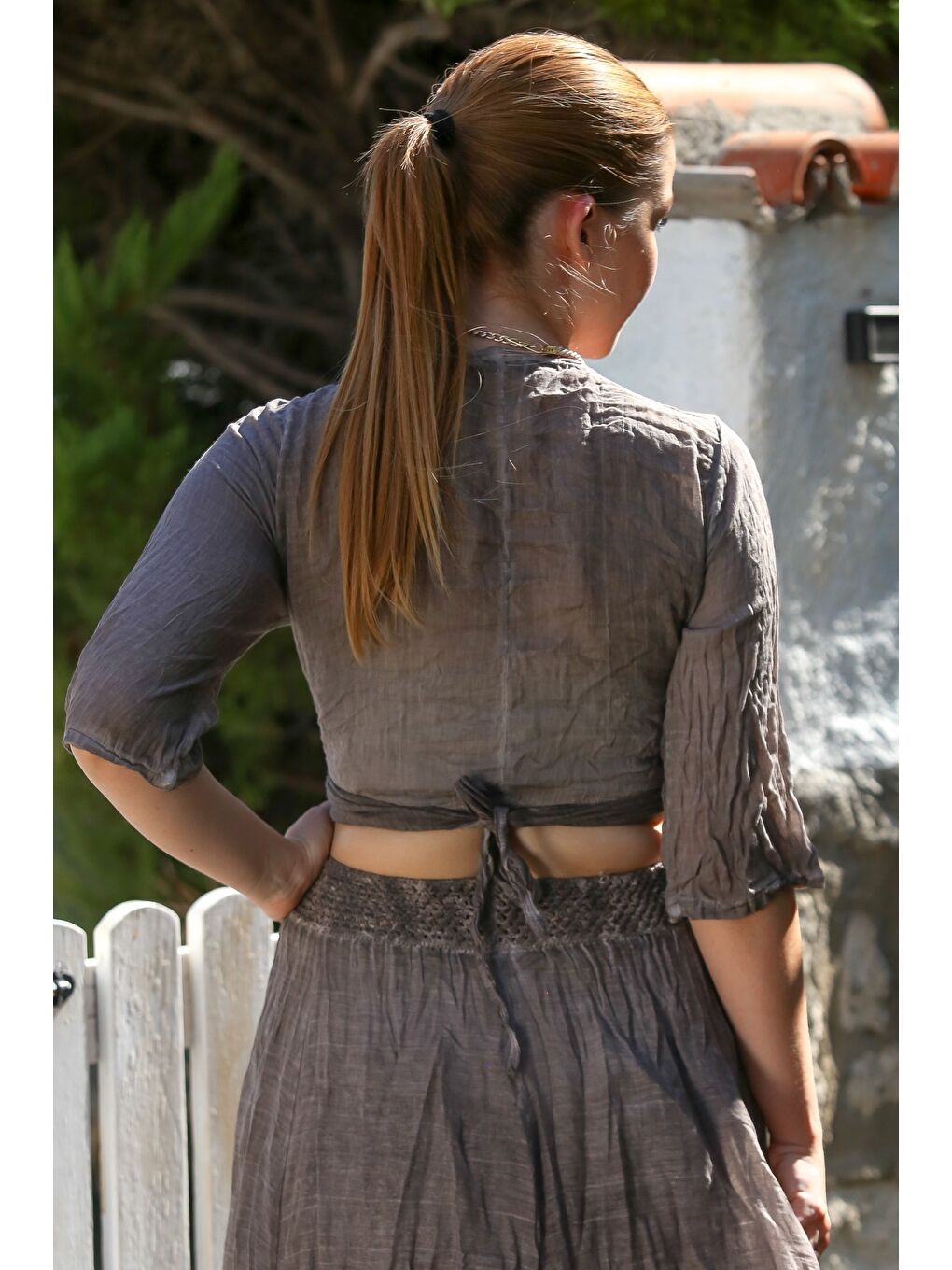 Bej Organik Pamuk Vizon Kruvaze Yaka 3/4 Kol Bağlamalı Yıkamalı Casual Crop Dokuma Bluz 40 60-1