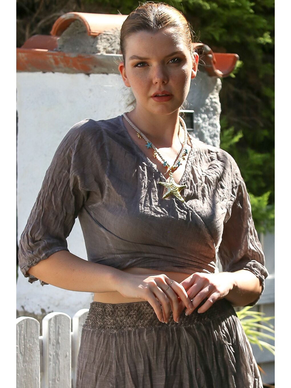 Bej Organik Pamuk Vizon Kruvaze Yaka 3/4 Kol Bağlamalı Yıkamalı Casual Crop Dokuma Bluz 40 60-2