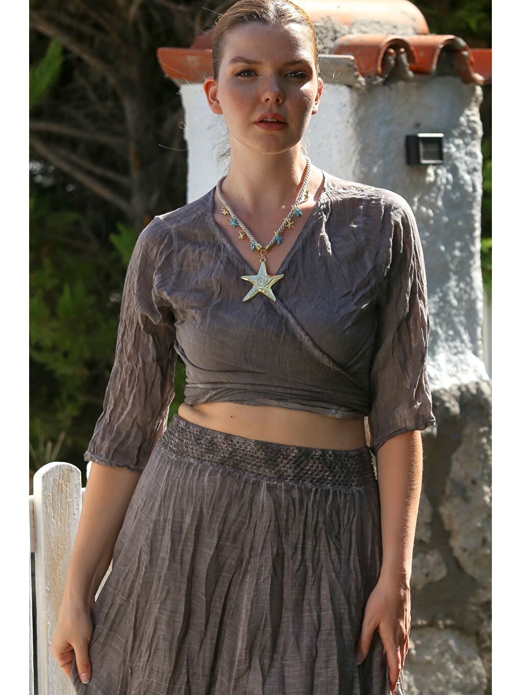 Bej Organik Pamuk Vizon Kruvaze Yaka 3/4 Kol Bağlamalı Yıkamalı Casual Crop Dokuma Bluz 40 60-3