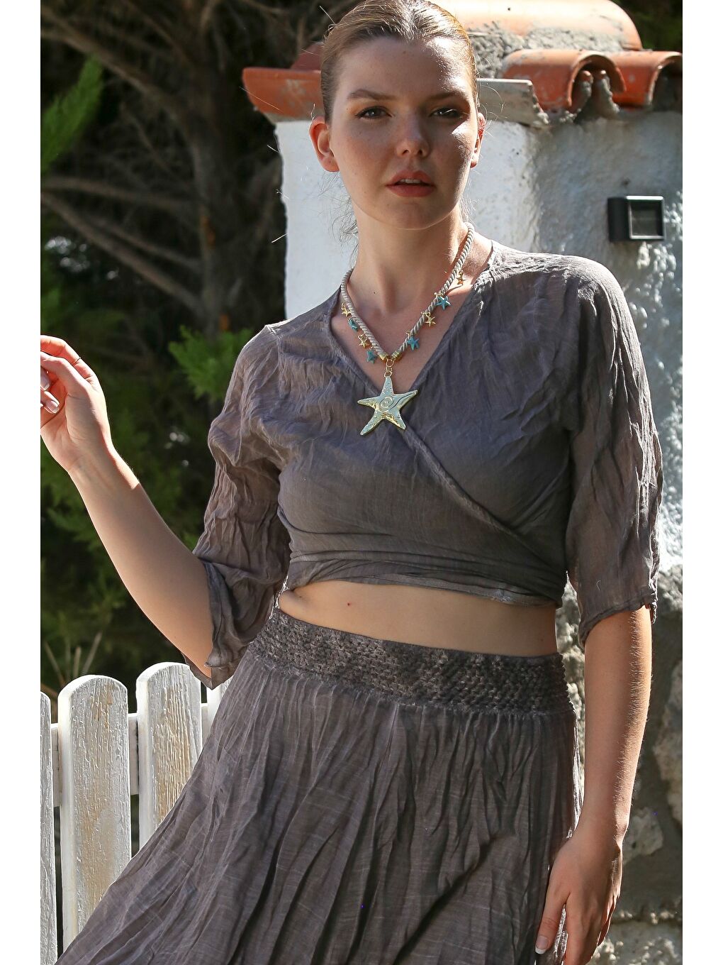 Bej Organik Pamuk Vizon Kruvaze Yaka 3/4 Kol Bağlamalı Yıkamalı Casual Crop Dokuma Bluz 40 60-4