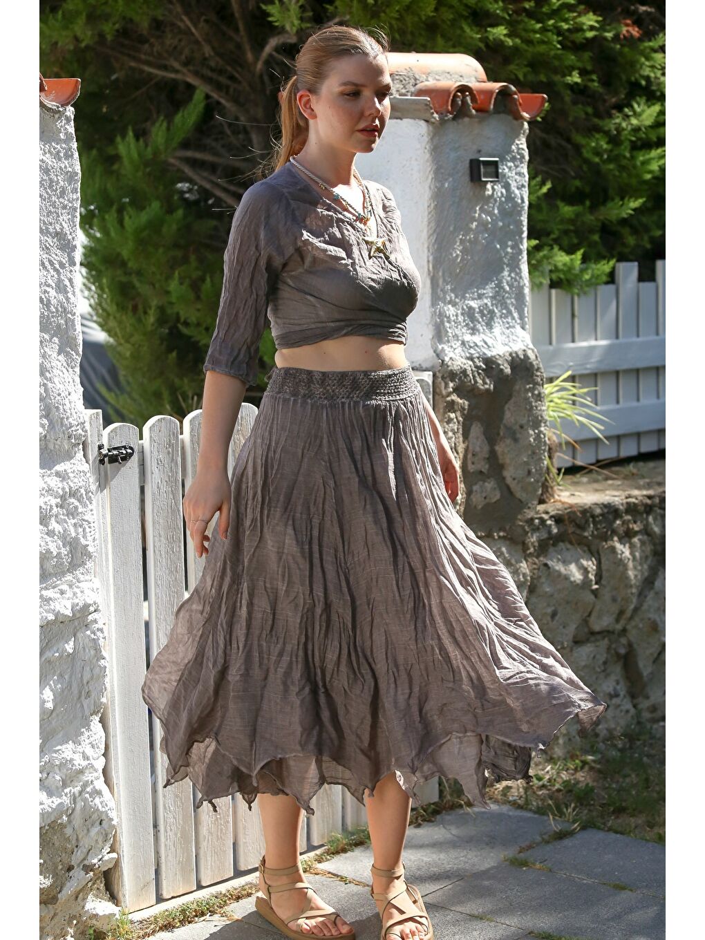 Bej Organik Pamuk Vizon Kruvaze Yaka 3/4 Kol Bağlamalı Yıkamalı Casual Crop Dokuma Bluz 40 60-7