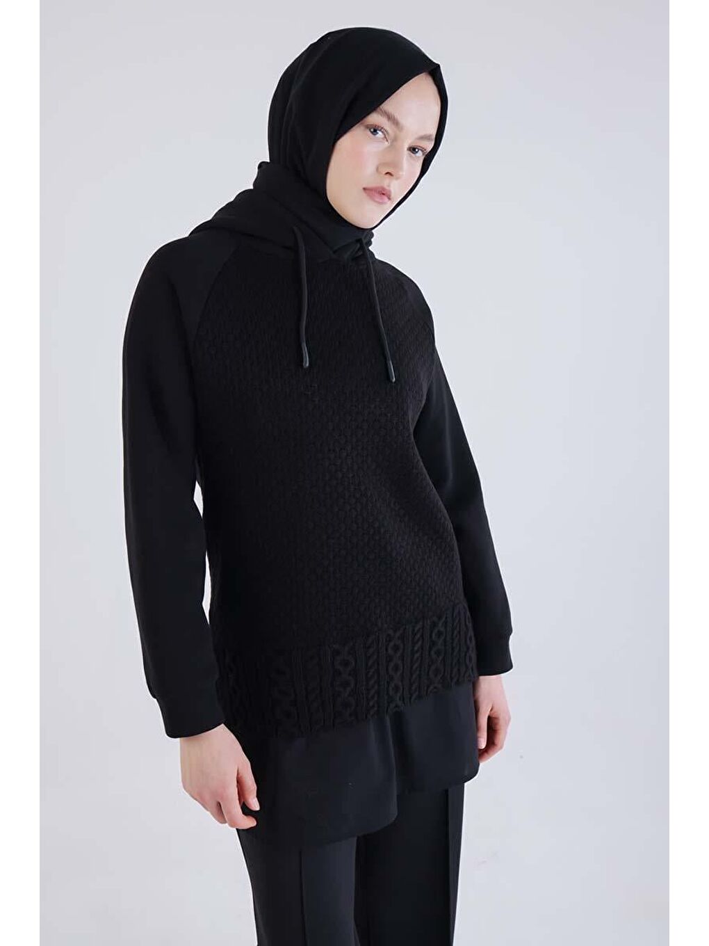 Siyah Triko Garnili Kapüşonlu Sweatshirt-4