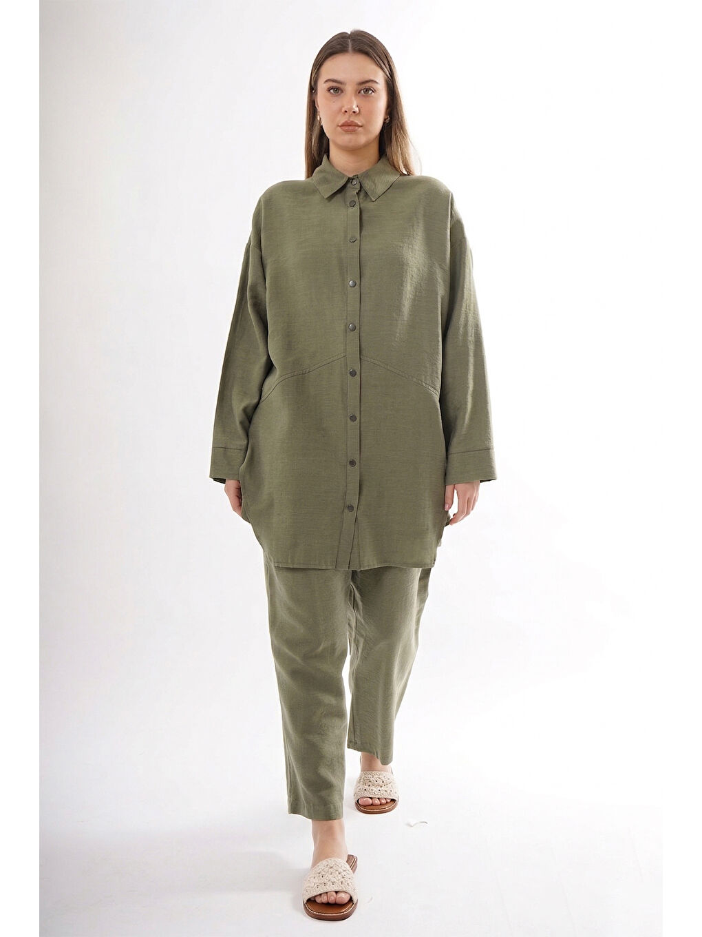 Önü Çıtçıtlı Aller Detay Keten Kumaş Pantolonlu Takım 906 Haki