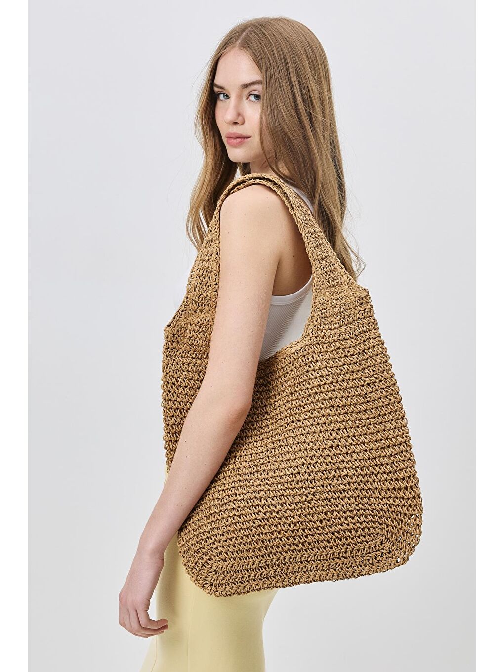 Bej Hasır Omuz Çantası Y9203 Vizon