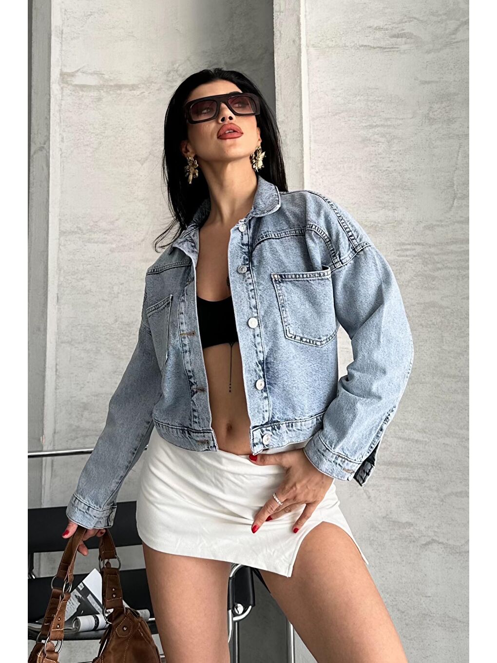 Çift Cepli Demin Crop Ceket Buz Mavi - 27271-1