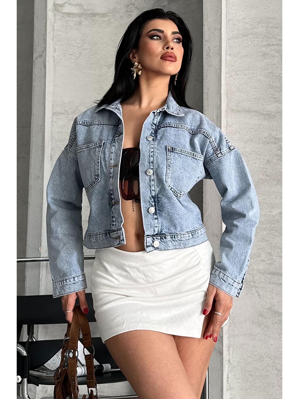 Çift Cepli Demin Crop Ceket Buz Mavi - 27271-2