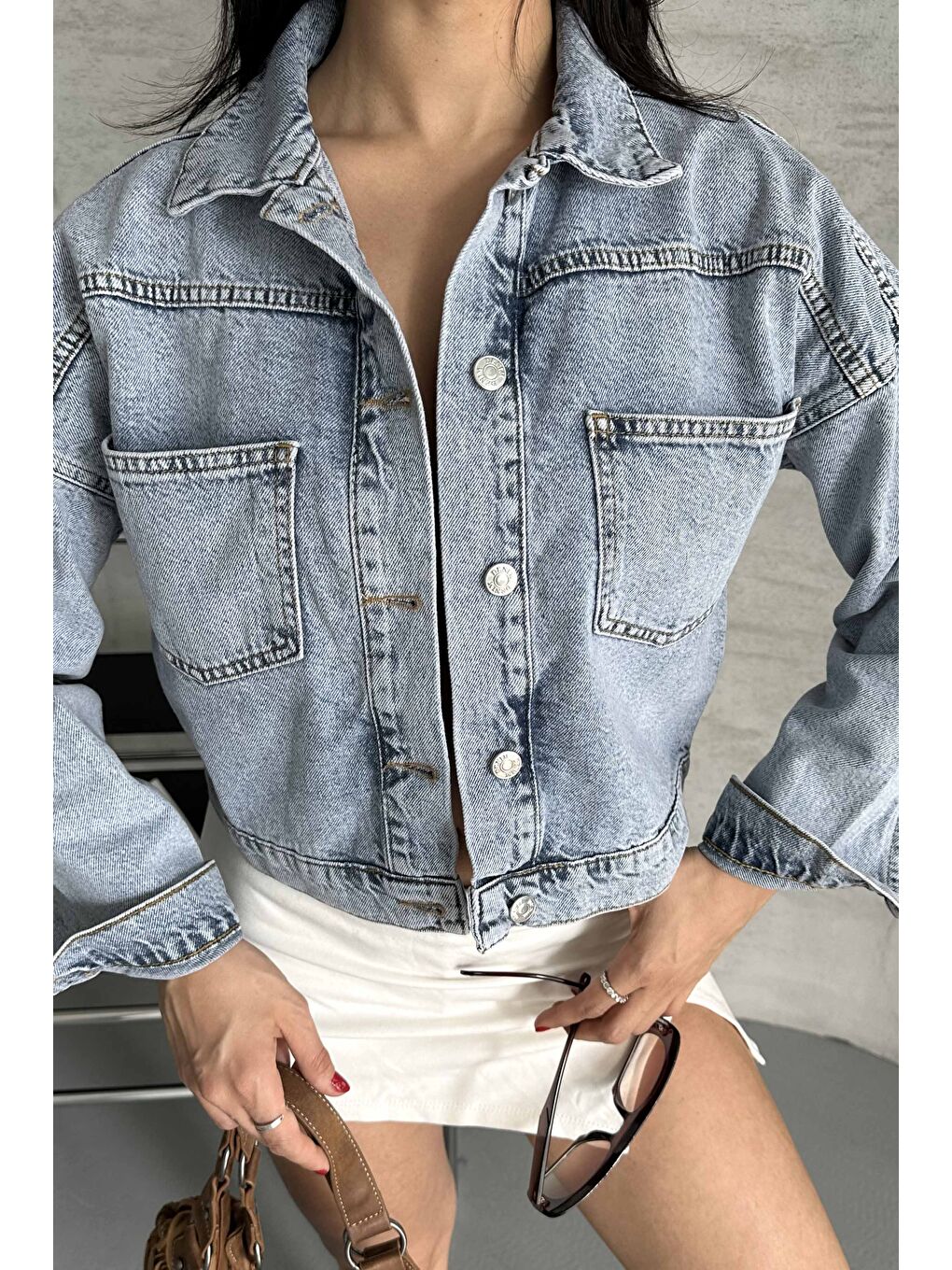 Çift Cepli Demin Crop Ceket Buz Mavi - 27271-3