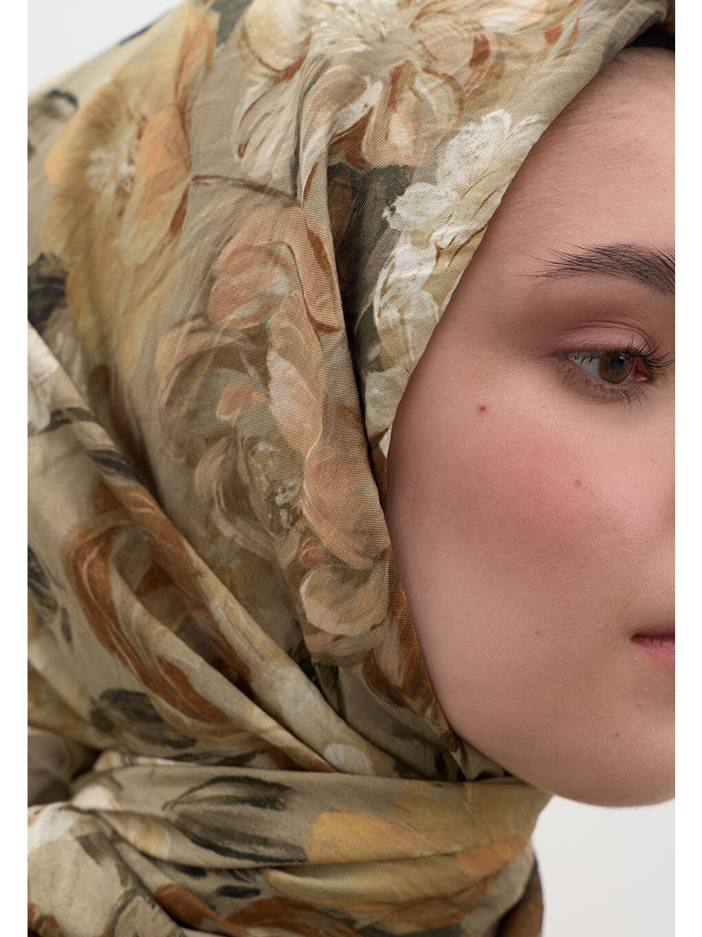 Rosıne Desen Pamuklu Viskon Eşarp Naturel Bej-3