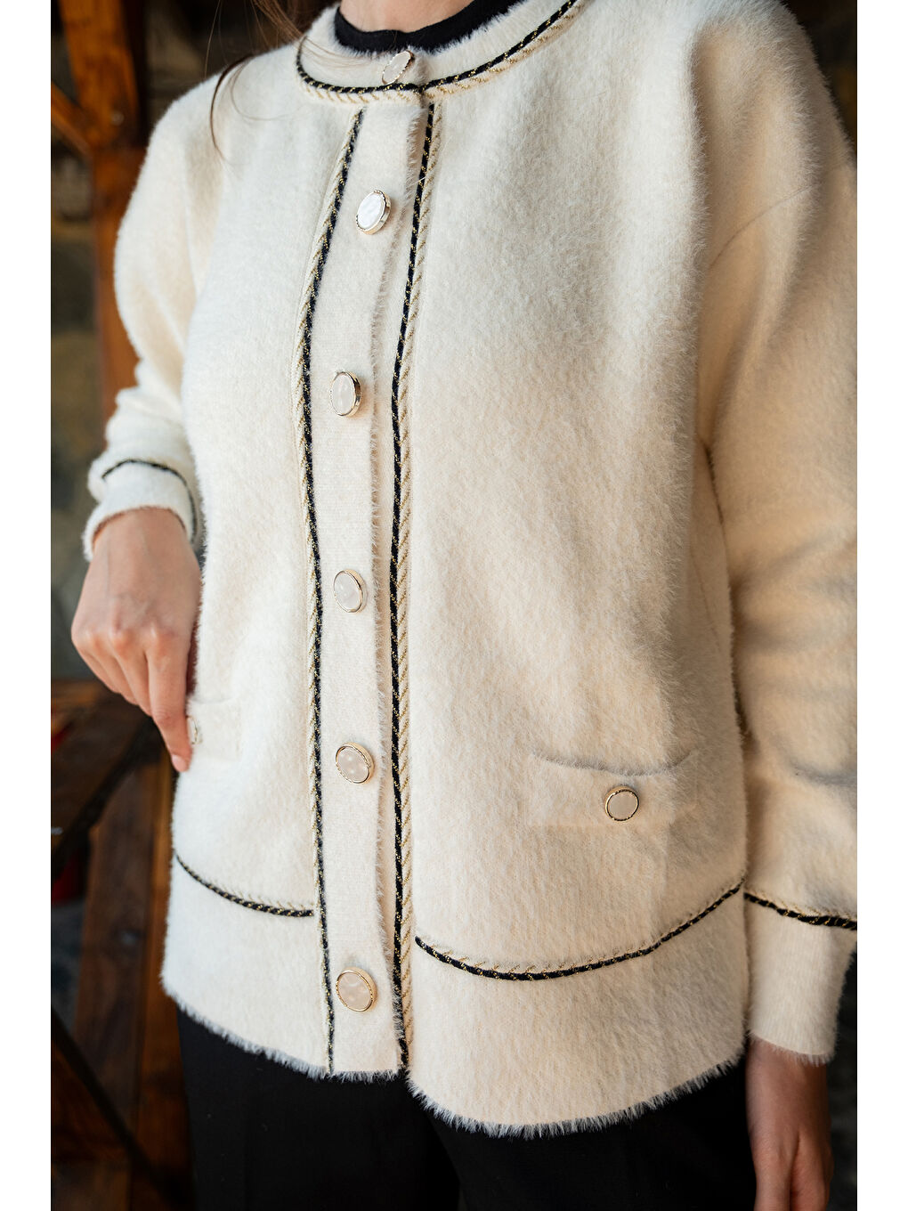 Kadın Bisiklet Yaka Triko Ceket Bej-4