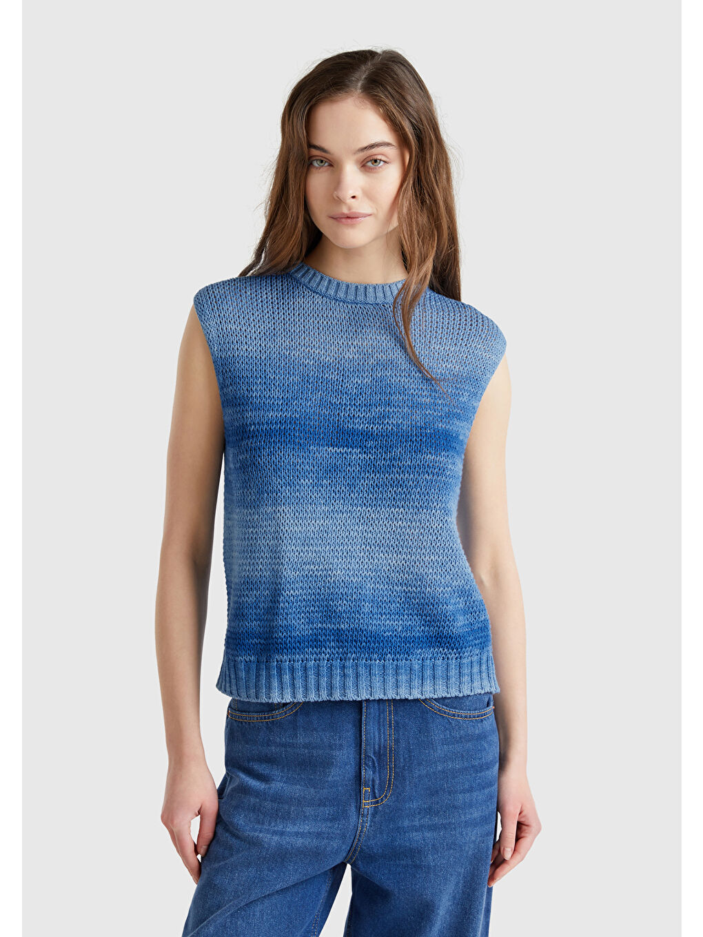 Kadın Mavi %100 Pamuk Gölge Efektli Ribanalı Relax Fit Süveter