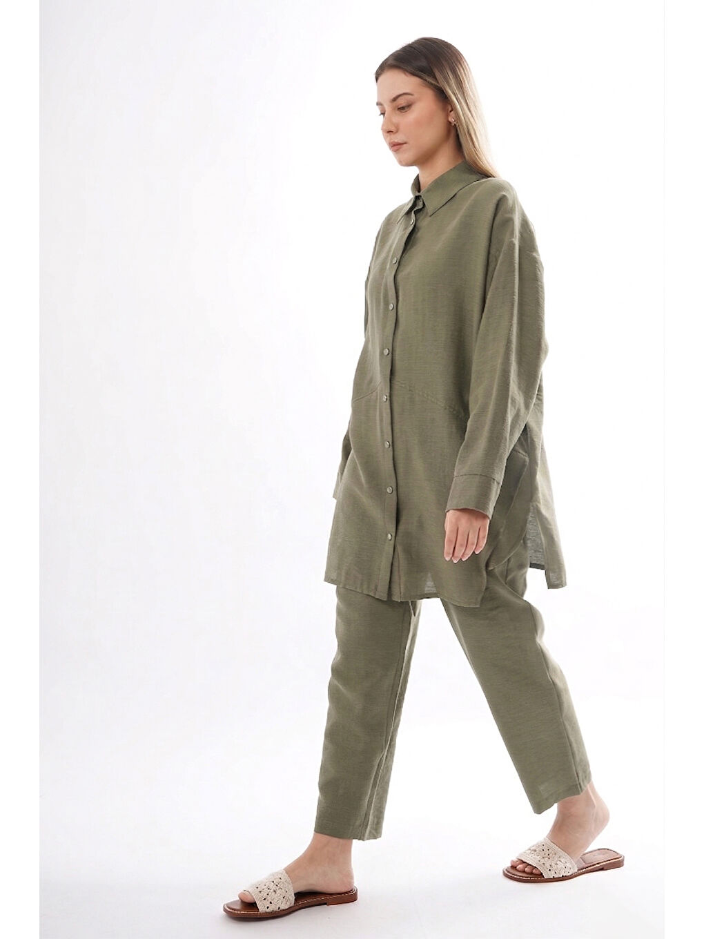 Önü Çıtçıtlı Aller Detay Keten Kumaş Pantolonlu Takım 906 Haki-1