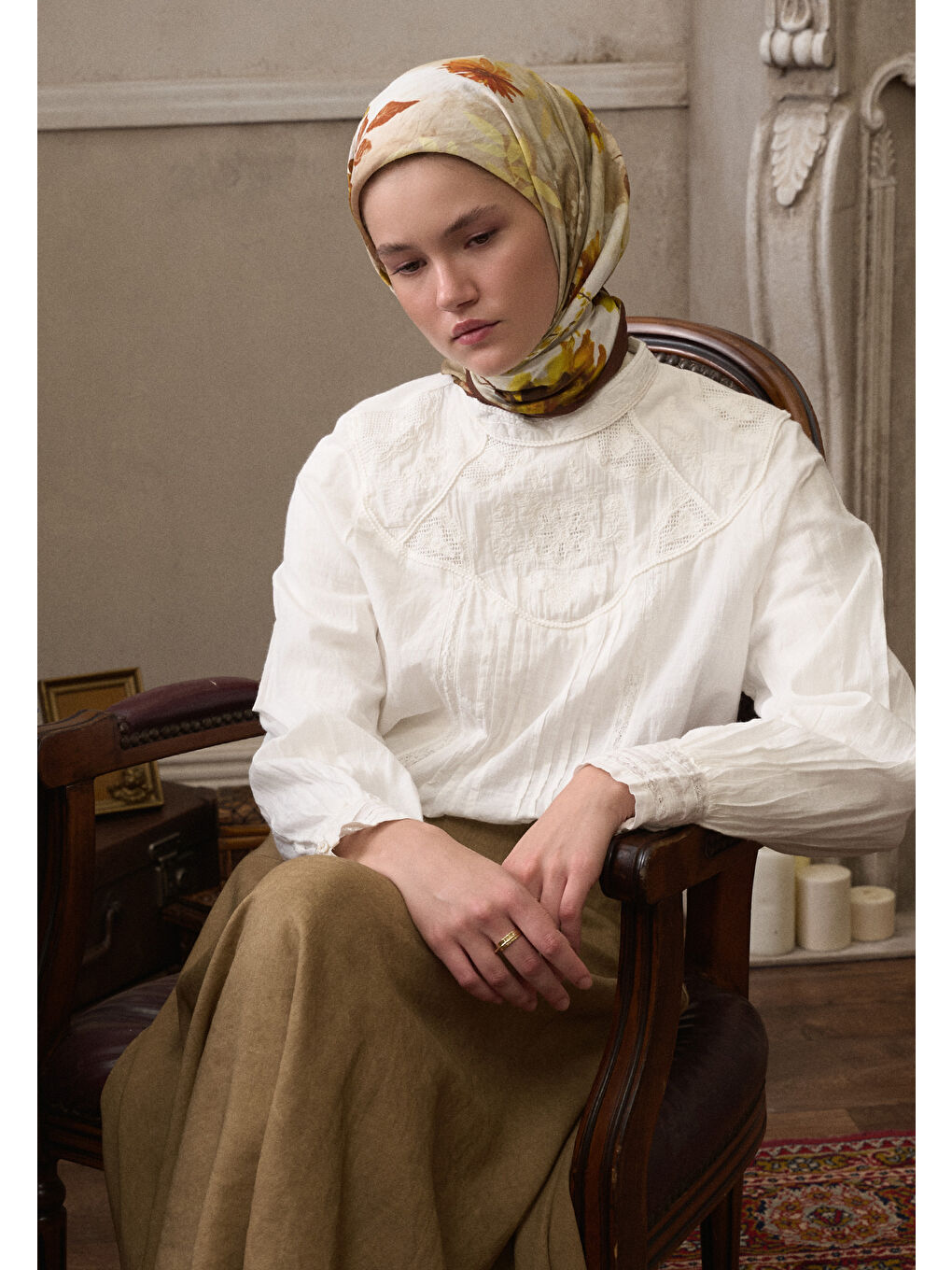 Kahverengi Dıtsy Leaves Desen Pamuklu Viskon Eşarp Kiremit