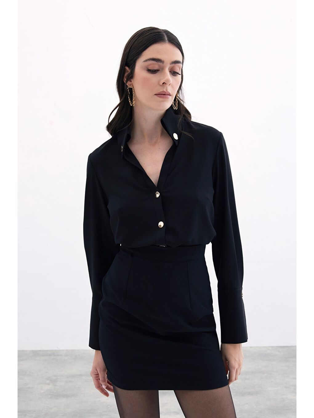 Çıt Çıt Detaylı Gömlek - Siyah-3