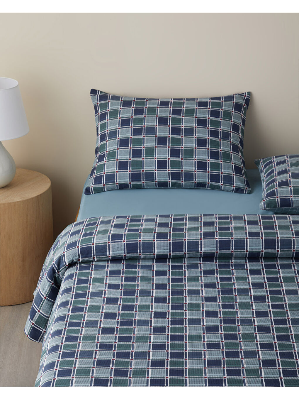 Dotty Gingham Kolay Ütülenir Tek Kişilik Nevresim Takımı 160x220 cm Koyu Mavi-Yeşil-1