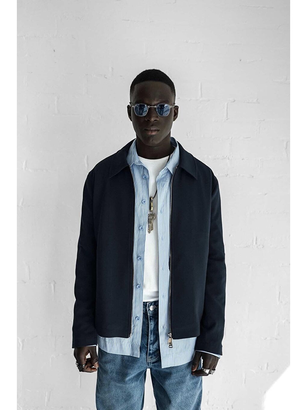 Erkek Relaxed Fit Fermuarlı İnce Yağlı Görünümlü Ceket Lacivert