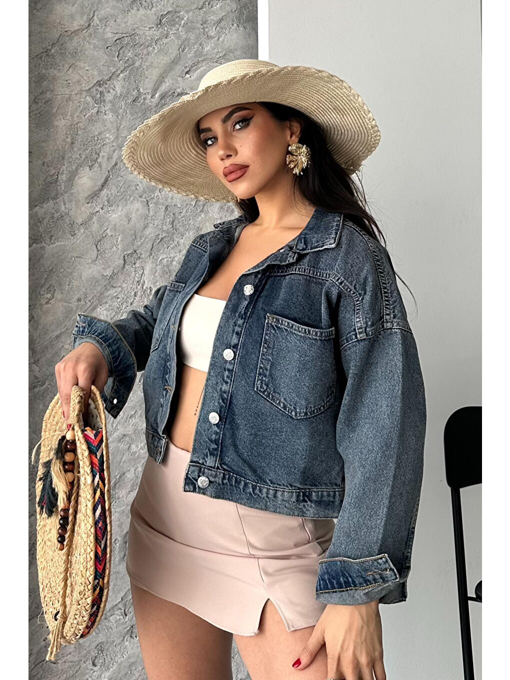 Kahverengi Çift Cepli Demin Crop Ceket Tint-kahve - 27271-1