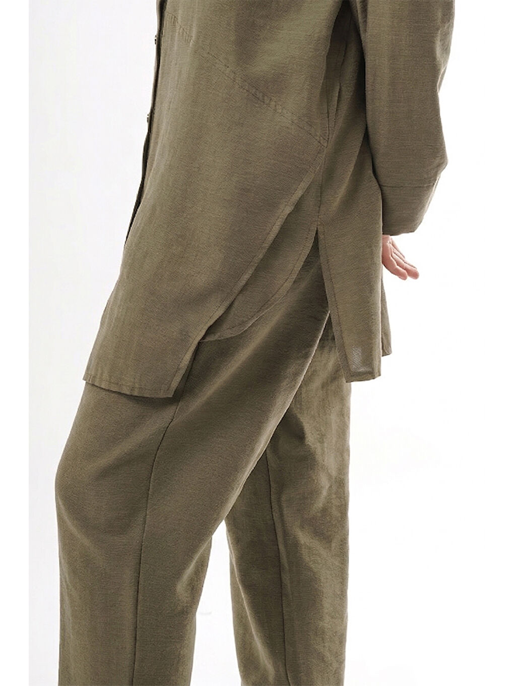 Önü Çıtçıtlı Aller Detay Keten Kumaş Pantolonlu Takım 906 Haki-2