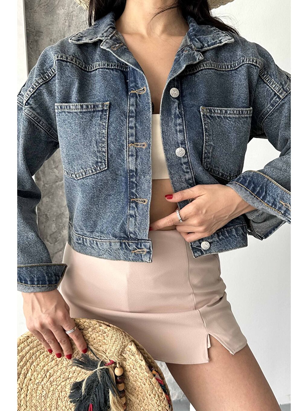 Kahverengi Çift Cepli Demin Crop Ceket Tint-kahve - 27271-2