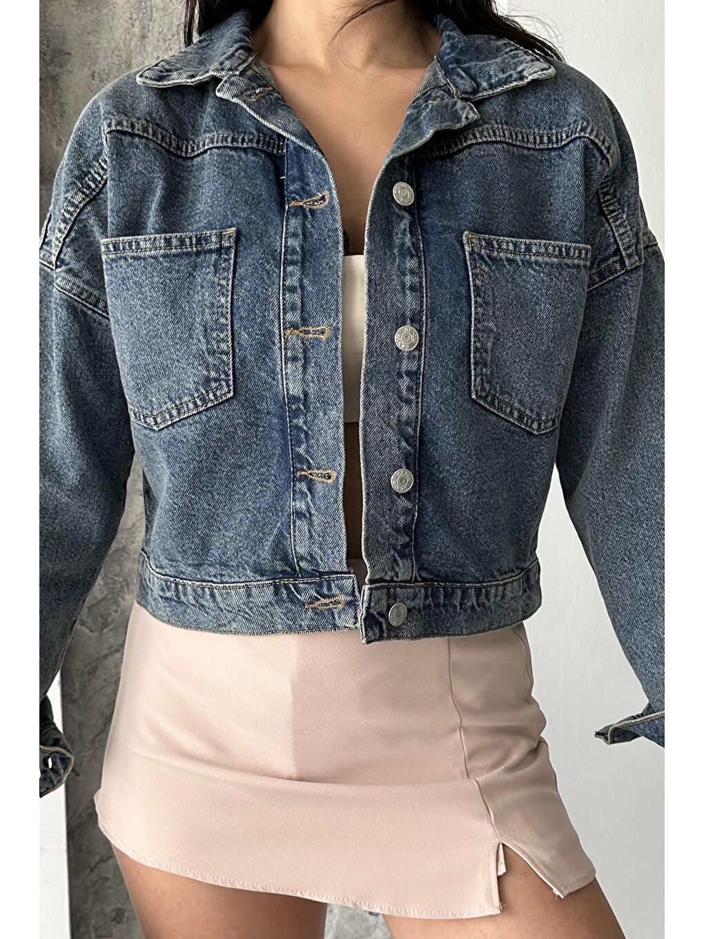 Kahverengi Çift Cepli Demin Crop Ceket Tint-kahve - 27271-3