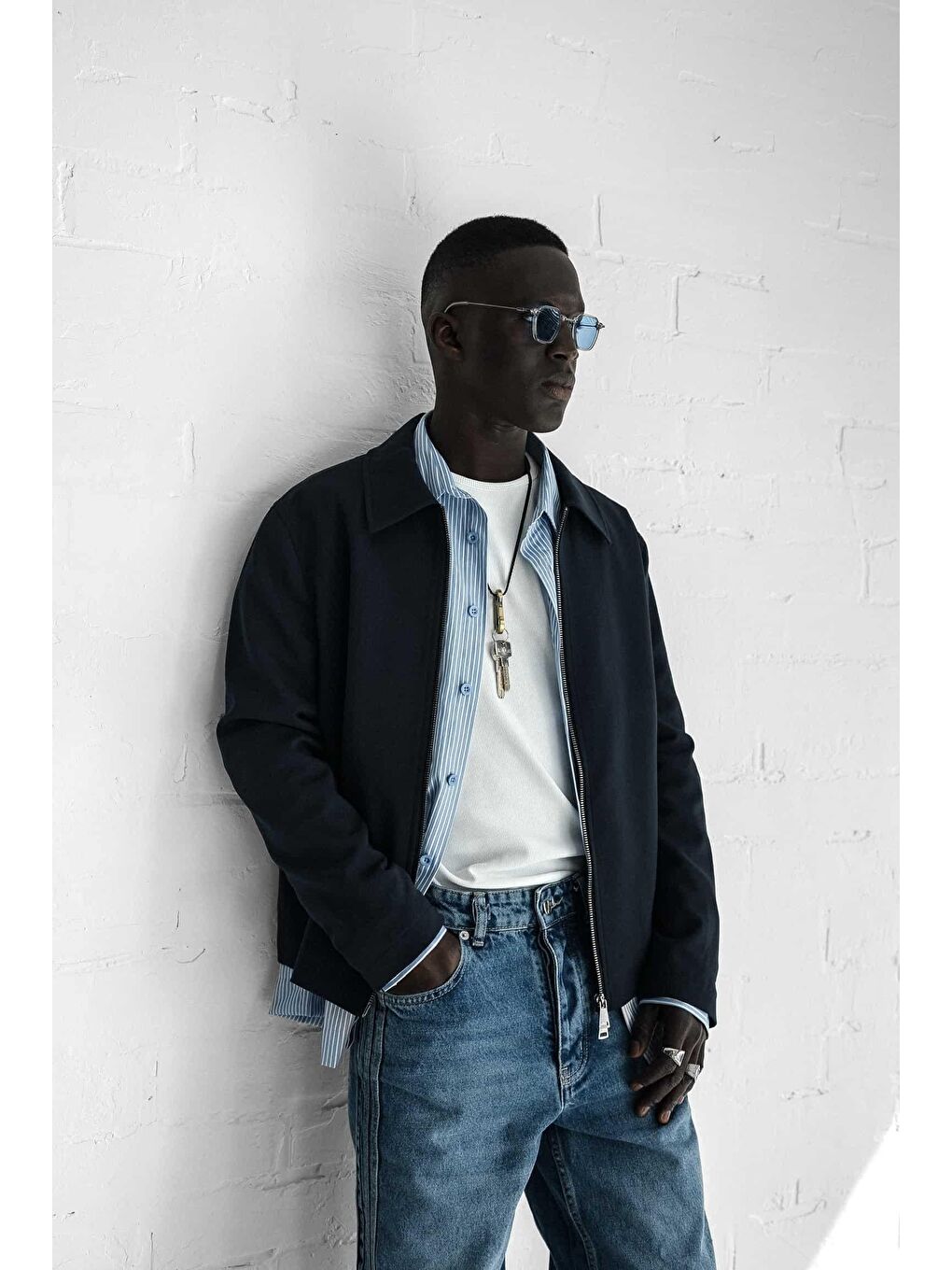 Erkek Relaxed Fit Fermuarlı İnce Yağlı Görünümlü Ceket Lacivert-3