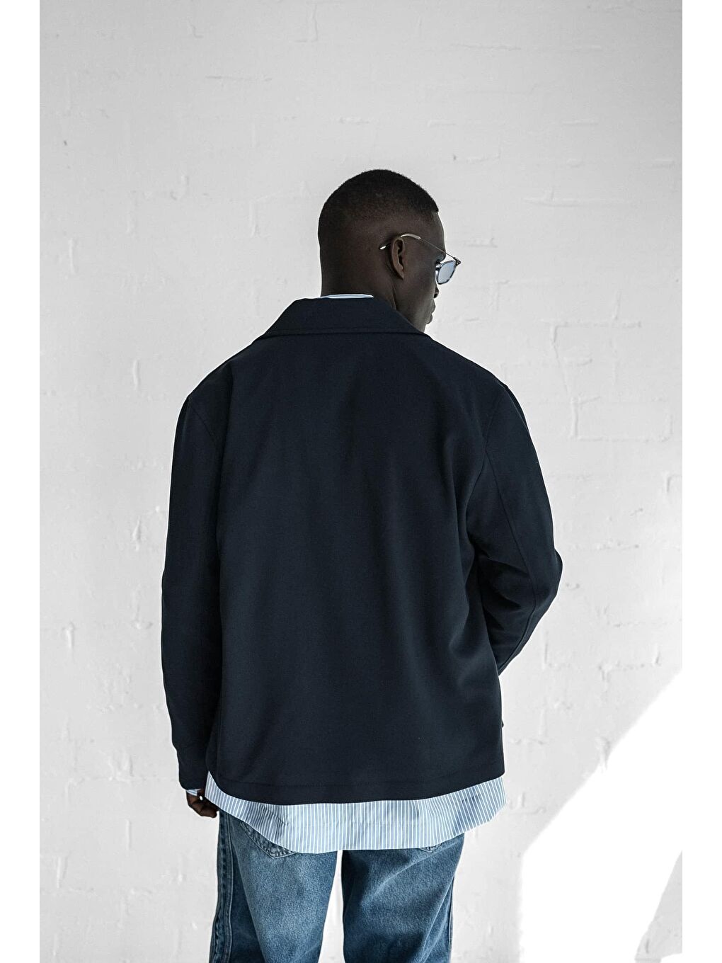Erkek Relaxed Fit Fermuarlı İnce Yağlı Görünümlü Ceket Lacivert-5