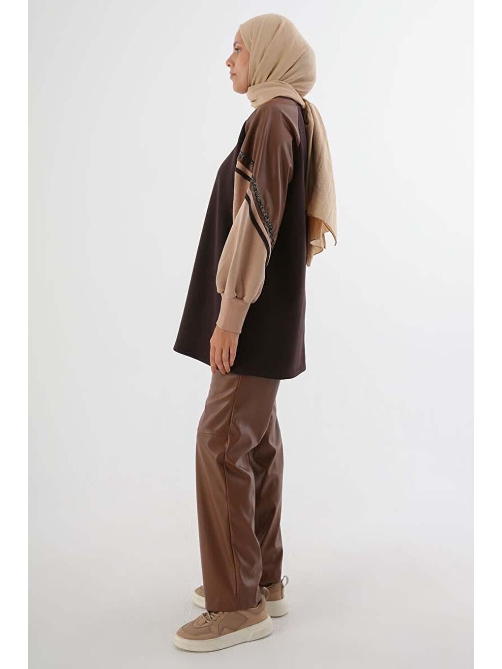 Kahverengi Acı Kahve-Şardonlu Deri Garnili Şeritli Sweatshirt-2