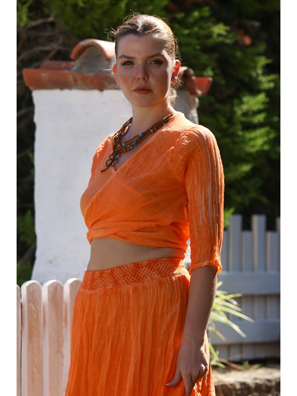 Organik Pamuk Turuncu Kruvaze Yaka 3/4 Kol Bağlamalı Yıkamalı Casual Crop Dokuma Bluz 40 60-5