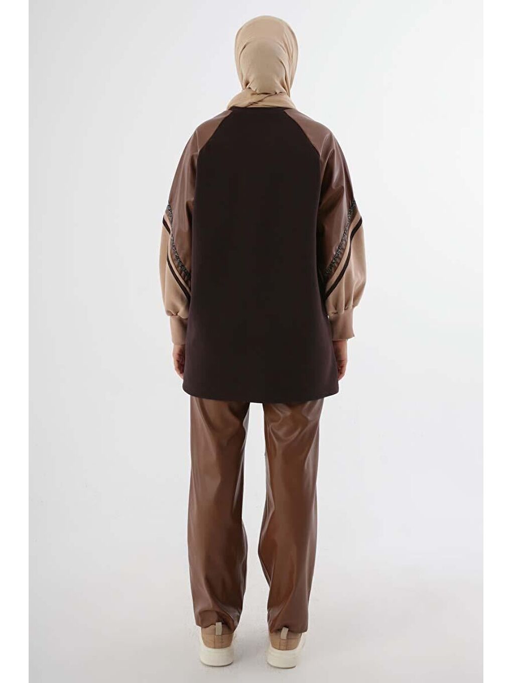 Kahverengi Acı Kahve-Şardonlu Deri Garnili Şeritli Sweatshirt-3