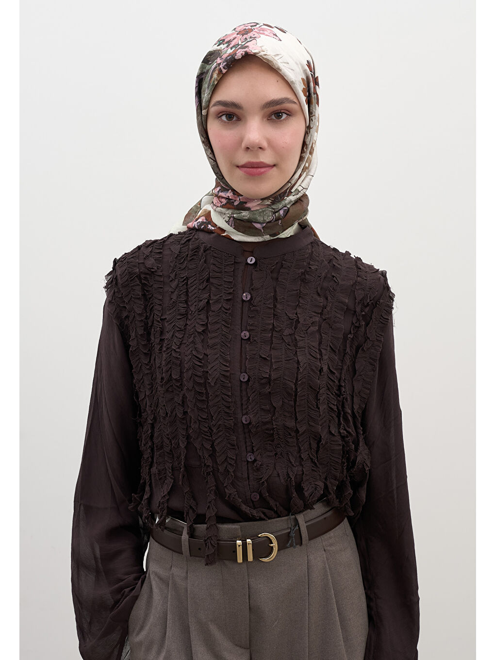 Dıtsy Leaves Desen Pamuklu Viskon Eşarp Bej-1