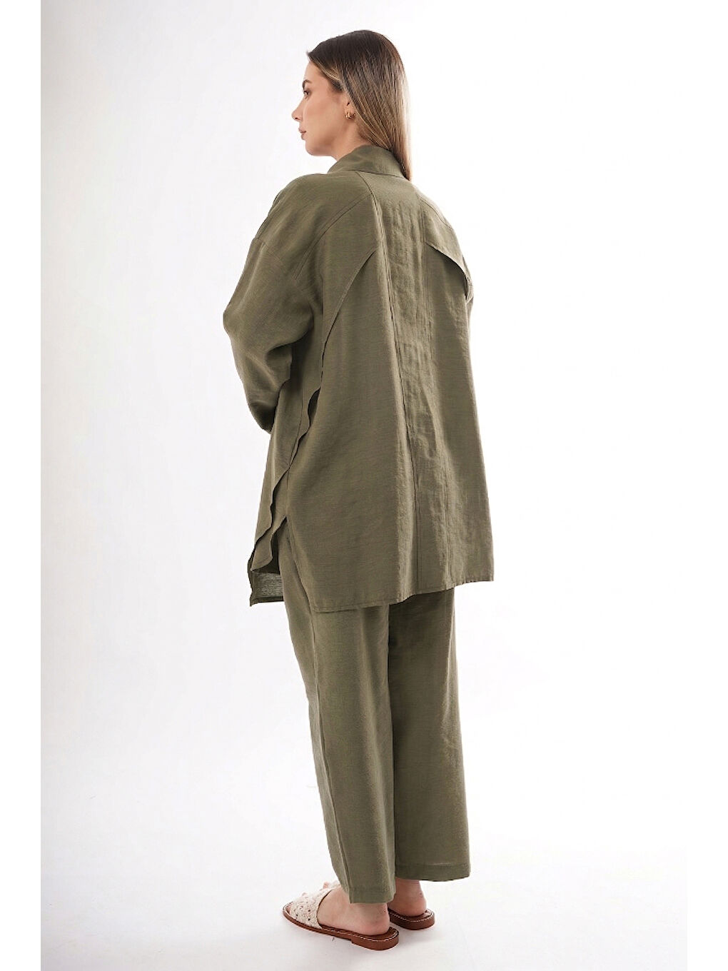 Önü Çıtçıtlı Aller Detay Keten Kumaş Pantolonlu Takım 906 Haki-3