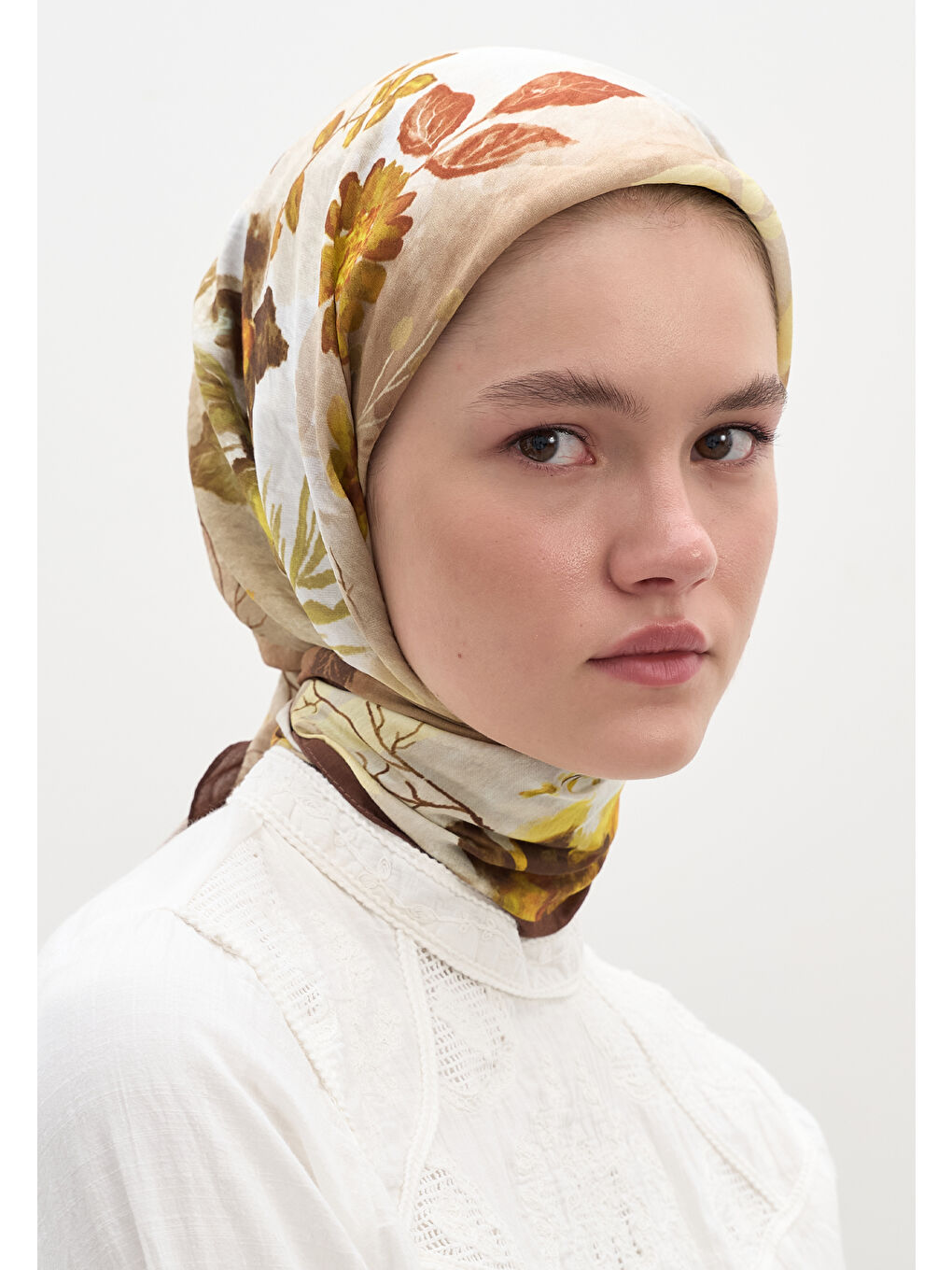 Kahverengi Dıtsy Leaves Desen Pamuklu Viskon Eşarp Kiremit-4