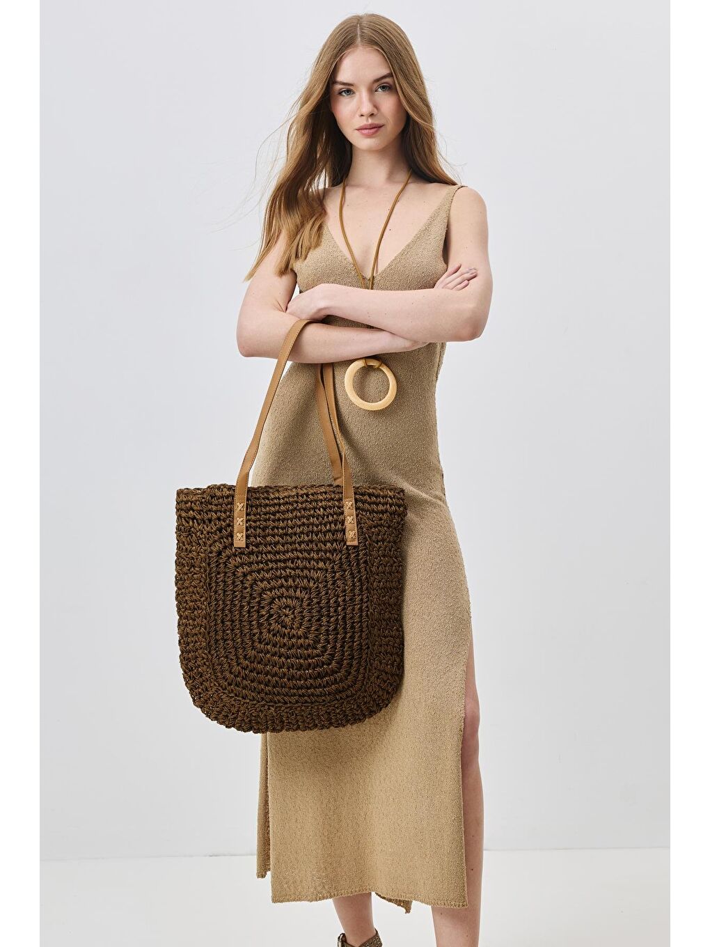 Kahverengi Hasır Omuz Çantası Y9205 Kahve