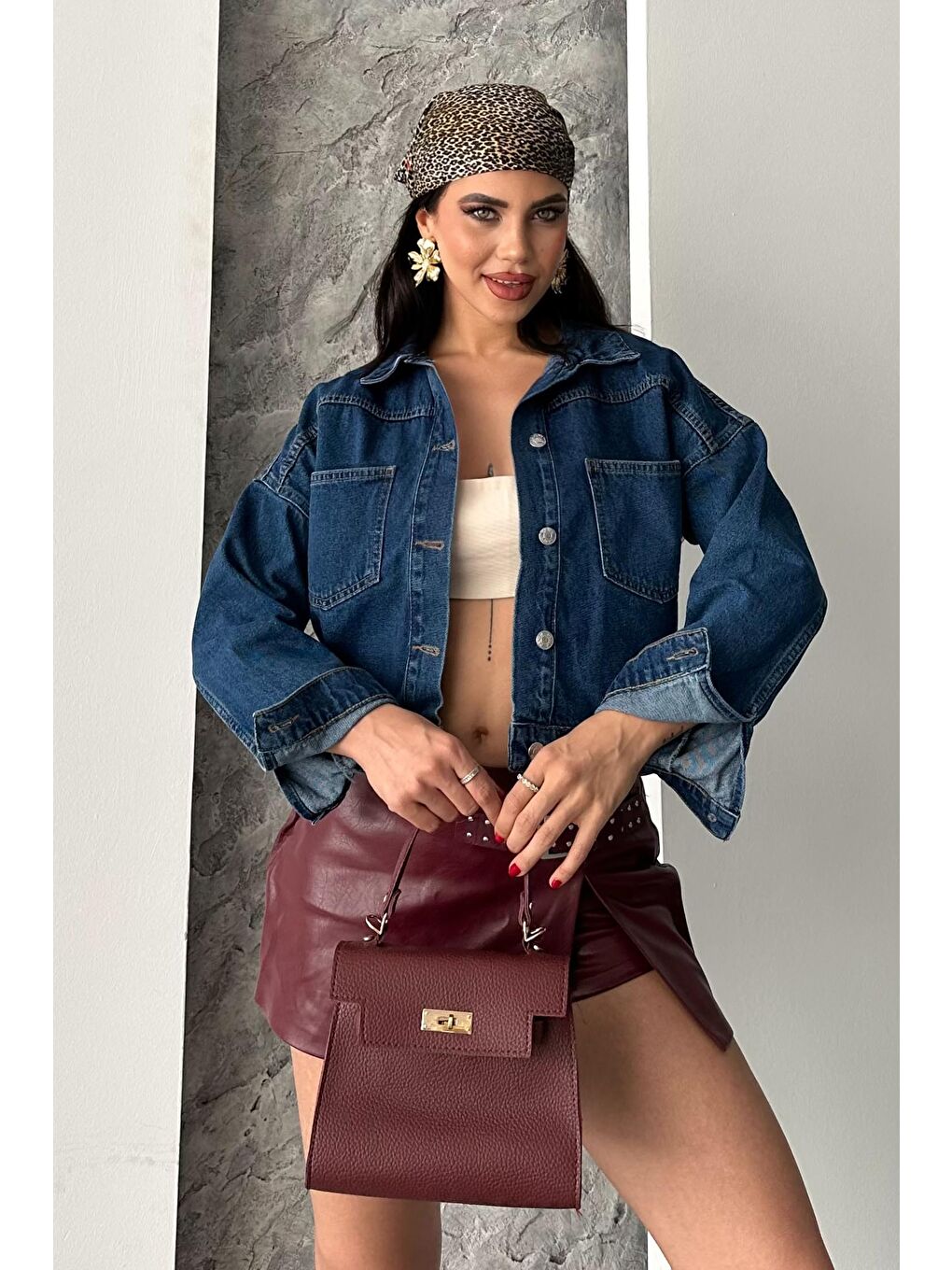 Çift Cepli Demin Crop Ceket Koyu Mavi - 27271