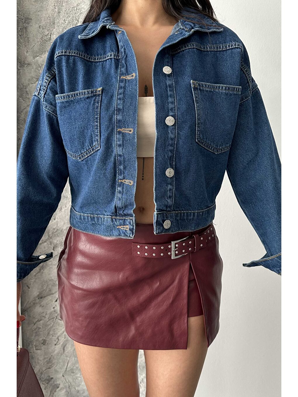 Çift Cepli Demin Crop Ceket Koyu Mavi - 27271-3