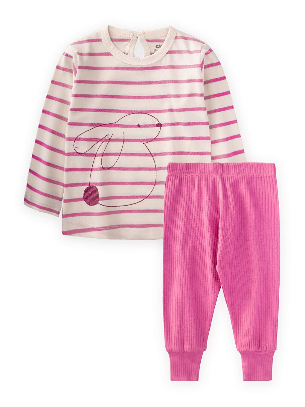 Fuşya Kız Çocuk Nakışlı Çizgili Takım