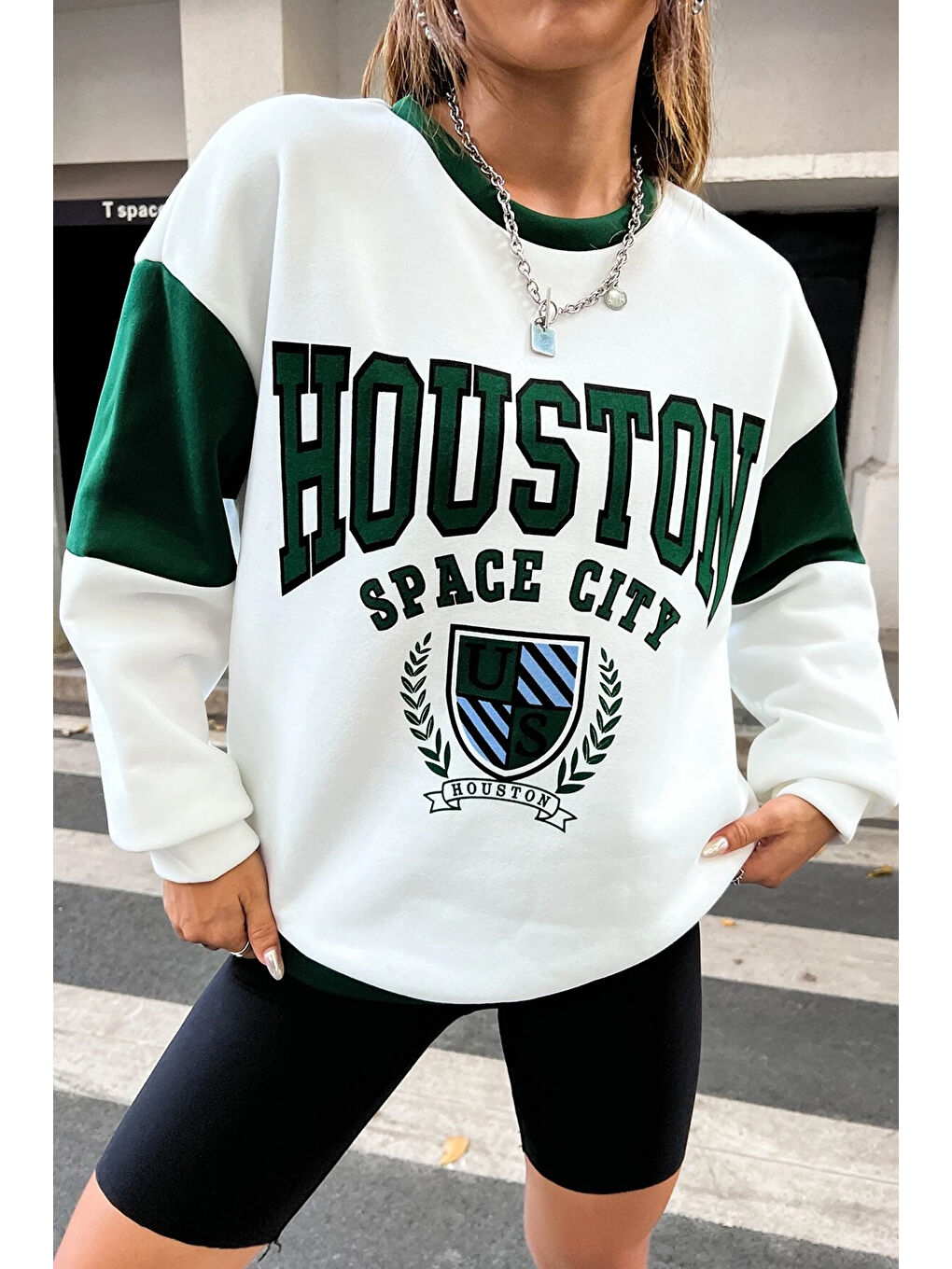 uyguntarz Beyaz Houston Baskılı Kol Detaylı Oversize Sweatshirt - 2