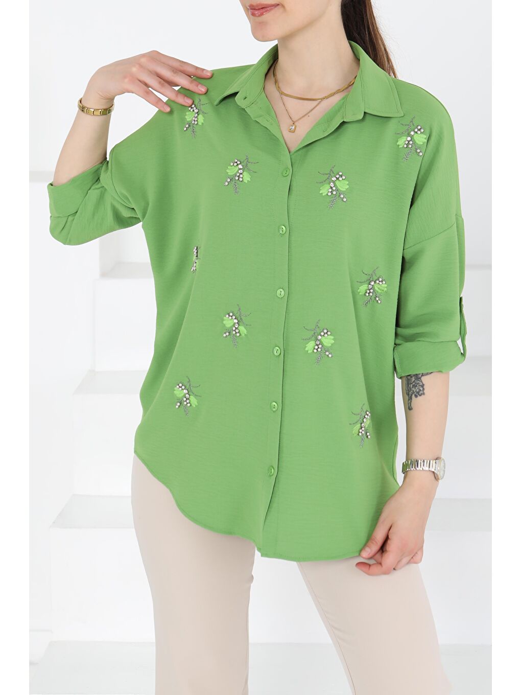 Yeşil Nakışlı İncili Gömlek Yesil - 27244-1