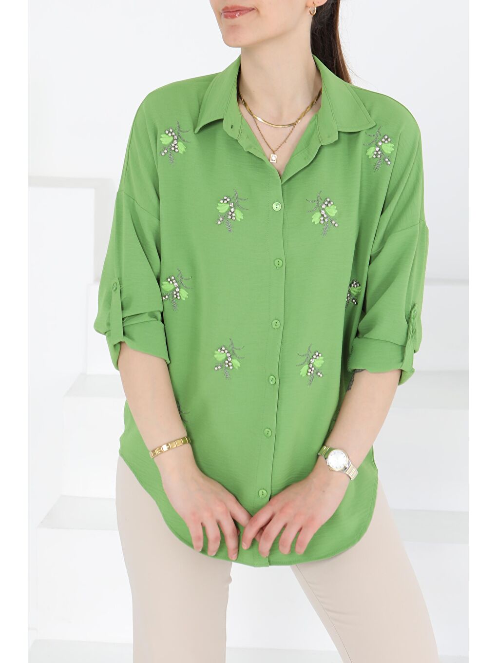Yeşil Nakışlı İncili Gömlek Yesil - 27244-3