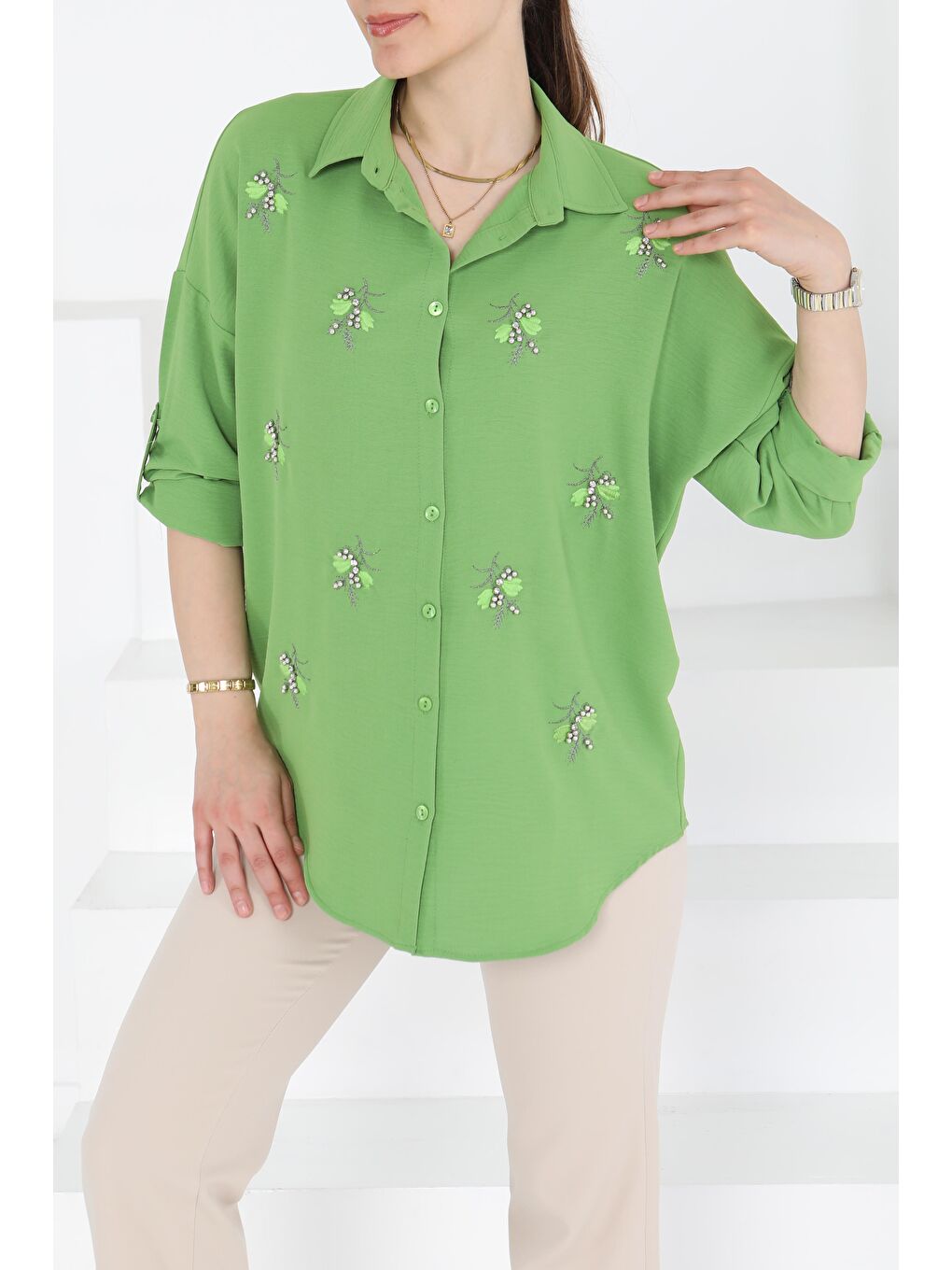 Yeşil Nakışlı İncili Gömlek Yesil - 27244-4