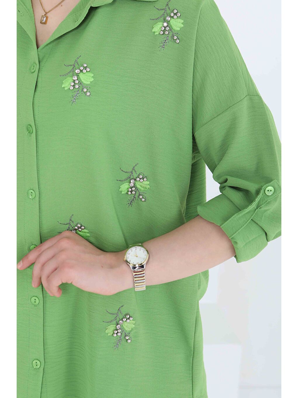 Yeşil Nakışlı İncili Gömlek Yesil - 27244-5