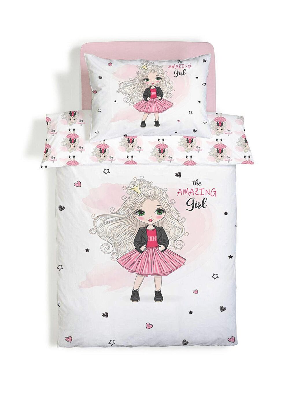 Karışık Çift Taraflı Prenses Kız Desenli Çarşafsız 2'li Takım  Tek Kişilik Nevresim Takımı 160x220 Cm-1