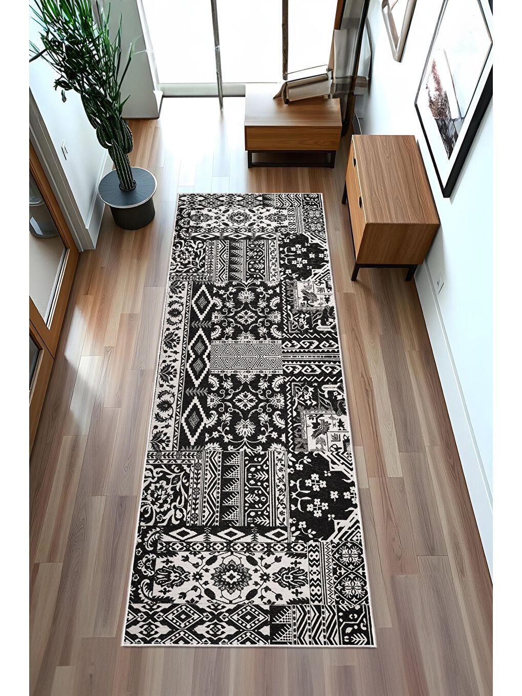 Siyah Dekoratif Özel Tasarım Yıkanabilir İnce Kaymaz Tabanlı Modern Halı KECE FR29-4