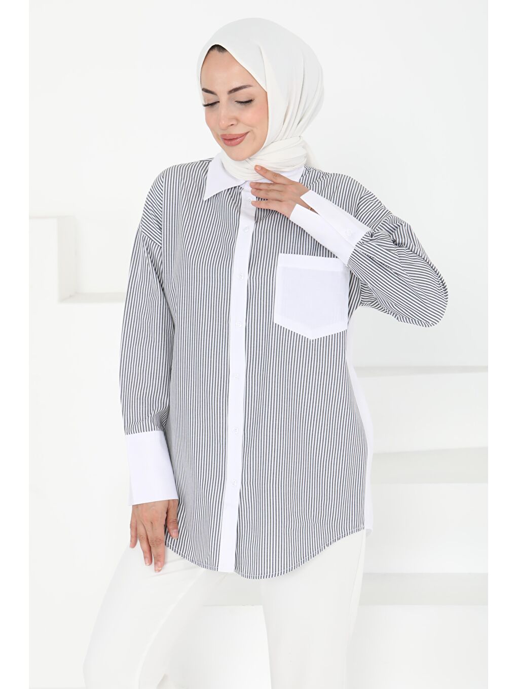 Çizgili Cep Detay Gömlek Gri - 27243