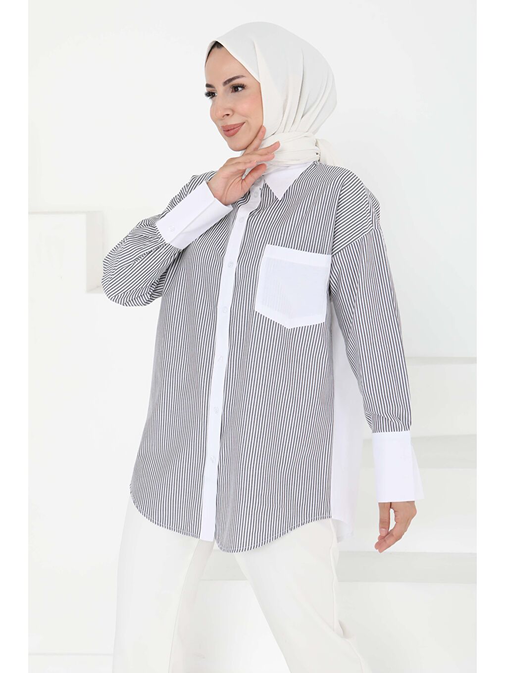 Çizgili Cep Detay Gömlek Gri - 27243-1