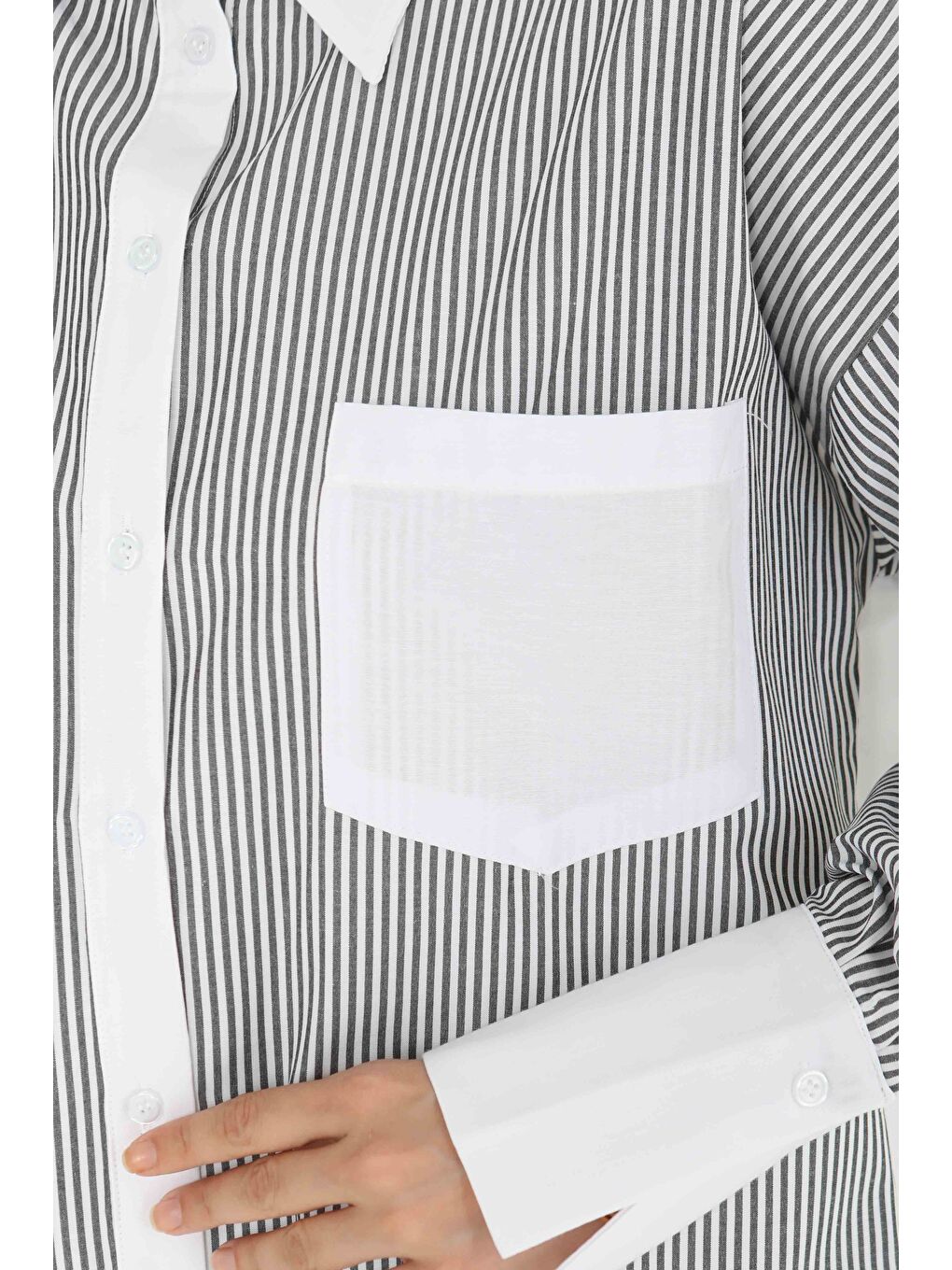 Çizgili Cep Detay Gömlek Gri - 27243-3